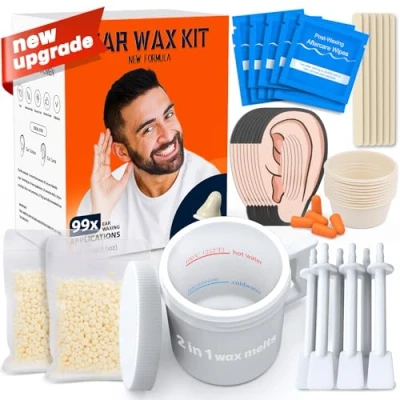 Immagine di Wokaar Set da 99 pezzi per rimuovere i peli delle orecchie 100 g di cera, 20 bastoncini legno, 10 applicatori nasali depilazione nasale e uomini donne, 15 salviette balsamiche