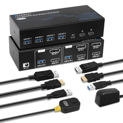 Immagine di TCNEWCL 4K 120Hz HDMI Displayport KVM Switch 2 PC Monitor 8K 60Hz DP 1.4 2.1 USB 3.0 Doppio Monitor, Supporto Modalità Estesa e Copia, con Controller Desktop Cavi HDMI+DP+USB