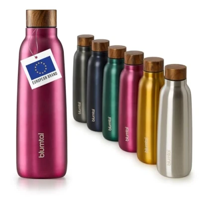 Immagine di Blumtal® borraccia termica acciaio inox Charles 500 ml senza BPA bottiglia a prova di perdite doppia parete, boraccia 0,5 lt fucsia con legno