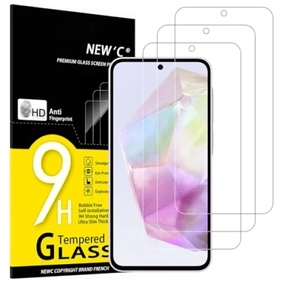 Immagine di NEW&#039;C 3 Pezzi, Vetro Temperato per Samsung Galaxy A36 5G, Pellicola Prottetiva Anti Graffio, Impronte, Senza Bolle, Durezza 9H, 0,33mm Ultra Trasparente, Resistente