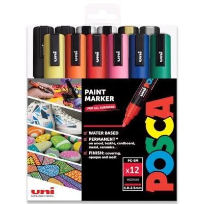 Immagine di Posca Set professionale di 12 pennarelli Uni Posca, gamma PC 5M, include extra nero e bianco