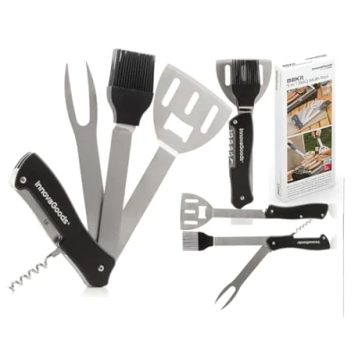 Immagine di InnovaGoods® Set di utensili per barbecue 5 in 1 BBKit, tutto ciò cui hai bisogno cucinare alla griglia, con forchetta, pinze, spatola, coltello e spazzola.
