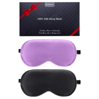 Immagine di maschera per dormire in seta, confezione da 2 maschere occhi vera seta naturale al 100% con cinturino regolabile, occhi, parasole BeeVines (nero e viola)