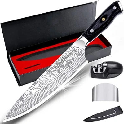 Immagine di MOSFiATA Coltelli da Cucina Professionale Chef con Fodero, Protezione del Dito e Affilatore, in Acciaio Inossidabile Manico Micarta 20CM