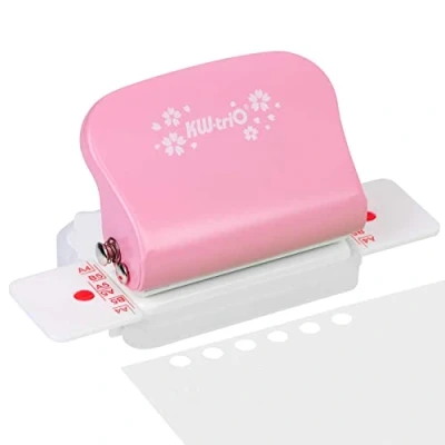 Immagine di perforatore 6 fori, manuale in metallo, capacità 5 fogli 6mm, colonne di posizionamento mobili su entrambi i lati A4/30 fori A5/20 B5/26 (rosa)