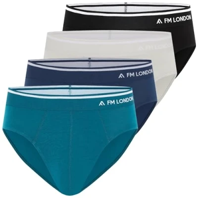 Immagine di FM London (Confezione da 4) Slip in bambù uomo intimo confortevole con cintura senza etichetta Boxer elasticizzati apertura frontale Multipack, Nero, Blu, Grigio, XL