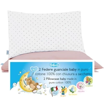 Immagine di 4BABIES Federa cuscino 50x30 Bambino Set 2 Federe per lettino e culla 100% PURO COTONE Made in Italy Chiusura a busta Certificato OEKO TEX POIS ROSA PRALINE