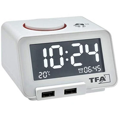 Immagine di TFA Dostmann HOMTIME Sveglia digitale con funzione di ricarica USB, in plastica, 185 x 138 88 mm, colore: Bianco