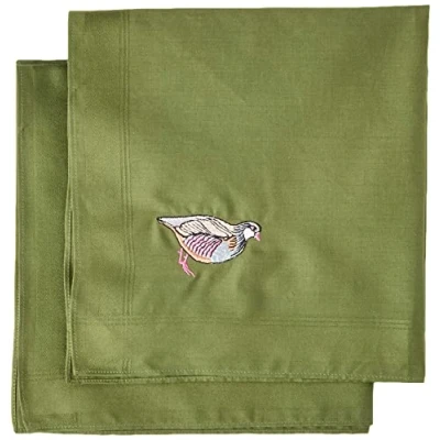 Immagine di Due fazzoletti quadrati in cotone da 40 cm ricamati verdi con una pernice su uno e beccaccia sull&#039;altro, Verde, 40cm square