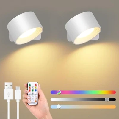Immagine di GuKKK Applique da Parete Interno, 2 Pcs RGB Lampada a LED, Controllo Touch, Batteria con Funzionamento Batteria, Ruotabile 360 3 Luminosità (Bianco)