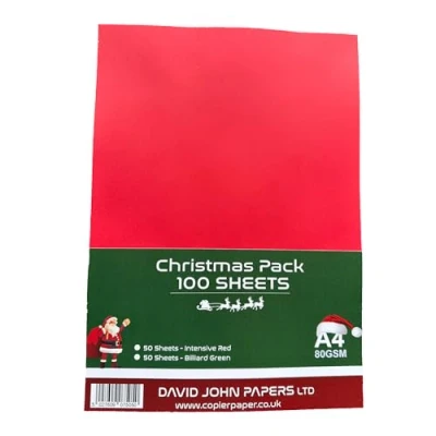 Immagine di DJP Carta natalizia colorata formato A4, 80 g/m², rosso intenso e verde biliardo, 100 fogli (50 per colore)