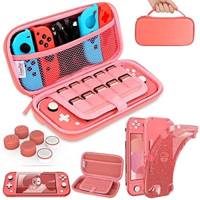 Immagine di HEYSTOP custodia compatibile per Nintendo Switch Lite, protezione protettiva display con Lite Thumb Grip Rosa, Borsa di