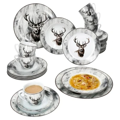Immagine di MamboCat Alois, servizio combinato da 30 pezzi, in porcellana con decorazione a cervo, per 6 persone, tazze 200 ml, piattini, piatti torta, fondi e piani