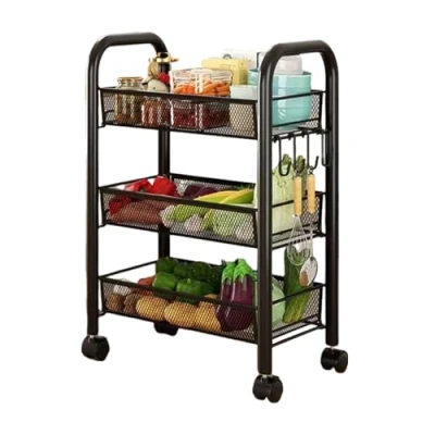 Immagine di Scaffale portaoggetti per frutta e verdura, a 5 ripiani, impilabile, in rete metallica, con ruote, cestino la spesa, organizer cucina, dispensa (nero, 3 strati)