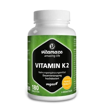 Immagine di Vitamaze® Vitamina K2 MK 7 Alto Dosaggio Menachinone, 180 Compresse Vegan, Qualità Tedesca, Naturale Integratore Alimentare senza Additivi non Necessari