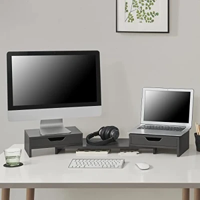 Immagine di [en.casa] Supporto di Rialzo Monitor/PC Portatile Base per 2 Schermi Stand Scrivania con Cassetti Portaoggetti Grigio Scuro