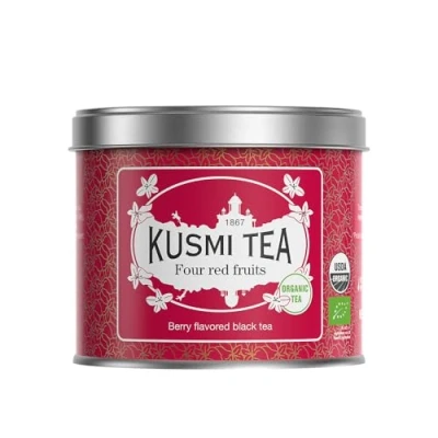 Immagine di Kusmi Tea Quatto Frutti Rossi Bio Tè Nero Biologico Aromatizzato con Fragole, Lamponi, Ribes e Ciliegie in Foglie Sfuse Scatola di da 100g Quantità per circa 50 tazze
