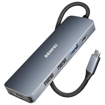 Immagine di BENFEI Hub USB C 5in1, adattatore multiporta con 4K HDMI/PD 100W / 3*USB A 5Gbps porte dati [design in silicone/tessuto, alluminio] per MacBook Pro/Air, iPad Pro, iMac, iPhone serie 15, XPS