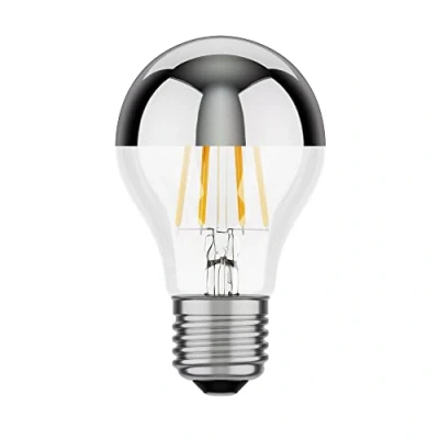 Immagine di ledscom.de Lampadina LED E27, A60, bianco (3900 K), 6,6 W, 646lm, testa a specchio (argento), forma della lampadina, filamento, Edinson, vetro, LED, base lampada risparmio