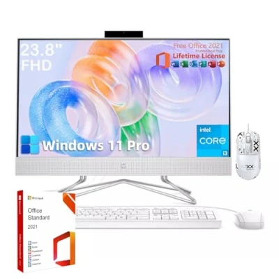 Immagine di HP PC desktop All in One da 23,8 pollici, con unità ottica 8 1, durata ufficio 2021, display FHD, processore Intel i3 dual core, webcam 720P, tastiera e mouse cablati, Win 11 Pro (16 GB di RAM