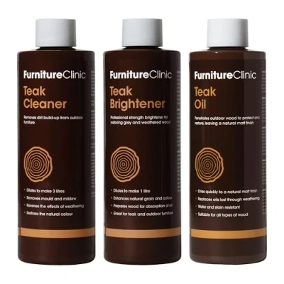 Immagine di Kit per la cura del teak Pulisce e ripristina tutti i mobili da giardino all&#039;aperto Contiene olio teak, detergente schiarente