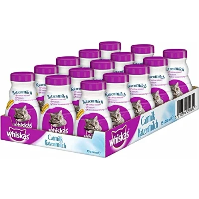 Immagine di whiskas Latte per Gatti a Partire da 6 Settimane, 15 Bottiglie, x 200 ml, Delizioso Snack Un Gatto Felice, Prodotto lattosio e Facilmente digeribile, 3 l (Confezione 1)