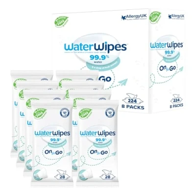 Immagine di WaterWipes On The Go, 224 Salviette (8 Confezioni), Umidificate al 99% a base di Acqua, Ideali per Viaggi, Progettate Viso e Corpo