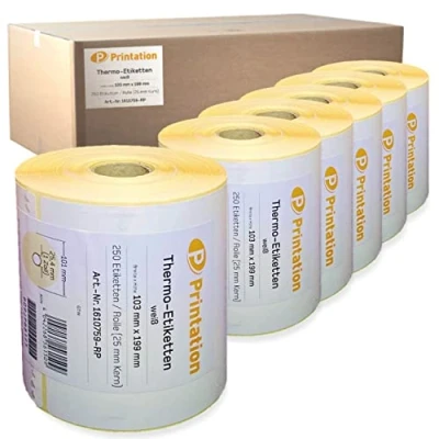 Immagine di Printation etichette per spedizione, 103 x 199 mm, bianco, DHL, DPD, GLS, UPS 1500 103x199 termiche su 6 rotoli, 250 Pezzo rotolo adesivo termodiretto permanente pacchi Zebra
