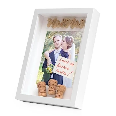 Immagine di PHOTOLINI 3D cornice A4 21x30 cm bianco, profonda con vetro e passe partout, per oggetti fino a 3 di profondità, legno MDF perfetta il fai da te come regalo