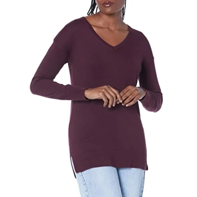 Immagine di Amazon Essentials Maglione A Tunica Leggero Maniche Lunghe Con Scollo v (Disponibile In Taglie Forti) Donna, Bordeaux, XS