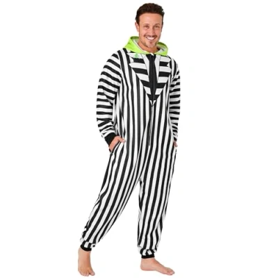 Immagine di Beetlejuice Pigiama Intero Uomo con Cappuccio, Pile Tuta Intera Regalo (Bianco/Nero, XL)