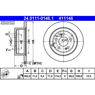 Immagine di ATE 24.0111 0146.1 Disco freno 302,0 11,0 5 114,3 pieno rivestito HYUNDAI: Santa Fe 2, I
