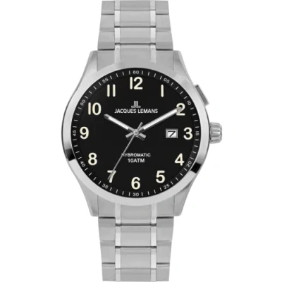 Immagine di JACQUES LEMANS Orologio da uomo, Hybromatic Watches, cronografo in solido acciaio inossidabile con cinturino pelle di silicone, modello 1 2130, argento/nero/bianco