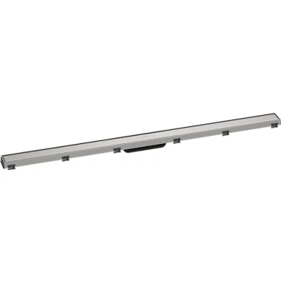 Immagine di hansgrohe RainDrain Match set di canalina doccia con cornice ad altezza regolabile, canale drenaggio 1200 mm, scarico a pavimento, acciaio inox spazzolato