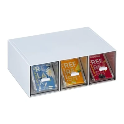 Immagine di Relaxdays Scatola Porta tè e Tisane, 3 Cassetti, Cassettiera in Verticale o Orizzontale, Impilabile, Bianco Trasparente, Plastica, 8 x 23 17,5 cm