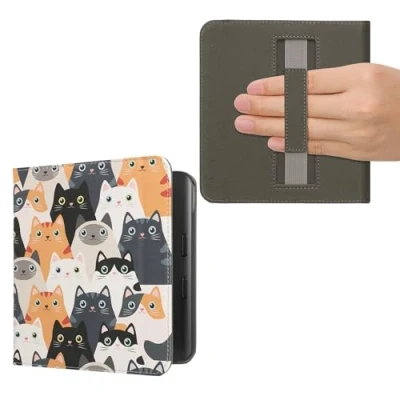 Immagine di kwmobile Custodia Cinturino Mano Compatibile con KoboLibra Colour Cover eBook Reader Case eReader Simil Pelle Gatti