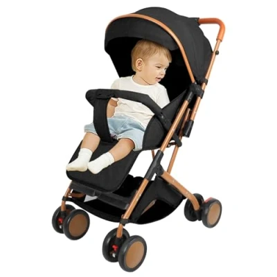 Immagine di Passeggino a canna da bambino ultraleggero, compatto, pieghevole e reclinabile dalla nascita 25 kg, con sistema trolley, copertura antipioggia inclusa cappuccio estensibile nero
