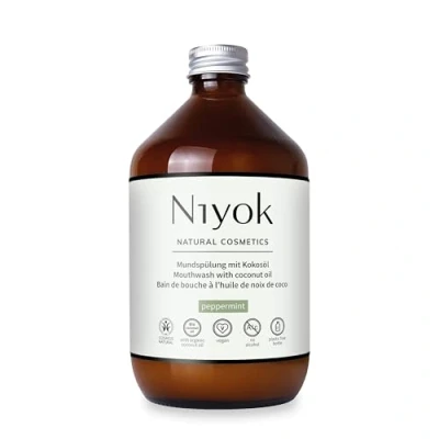 Immagine di Niyok® collutorio con olio di cocco &quot;menta piperita&quot; (500 ml) antibatterico, biologico, senza fluoro e alcool, per gengive sane, contro l&#039;alitosi