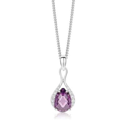 Immagine di Miore Collana Donna Argento, Catena con Ciondolo di Ametista e Zirconi in Argento Sterling 925. Gemma naturale Taglio Goccia. Catenina Grumetta Cm 45. Pendente anallergico.