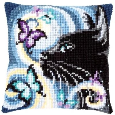 Immagine di Vervaco PN 0149061 Cuscino con stampa di gatto e farfalle, in cotone, multicolore, 40 x cm