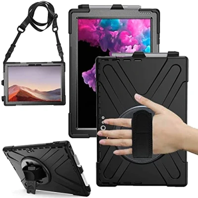 Immagine di TECHGEAR X Case per Microsoft Surface Pro 7/7 Plus 6 5 4 12.3&quot;, resistente e resistente, agli urti, con supporto girevole a 360, cinturino da polso tracolla, Nero