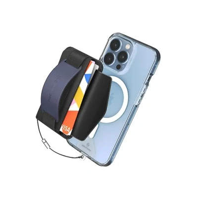 Immagine di Sinjimoru [2022 Updated] iPhone 14 Magnetic Phone Wallet for MagSafe, Card Holder with Cell Kickstand &amp; Grip Strap 12 13 Series. M BGrip Navy