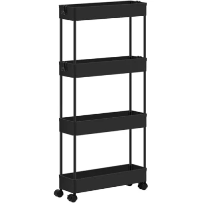 Immagine di Klihome Carrello Portaoggetti con Ruote, da Cucina a 4 Ripiani, Mobile Stretto, di Servizio Estraibile, su Ruote 5 Ganci, Bagno, Nero