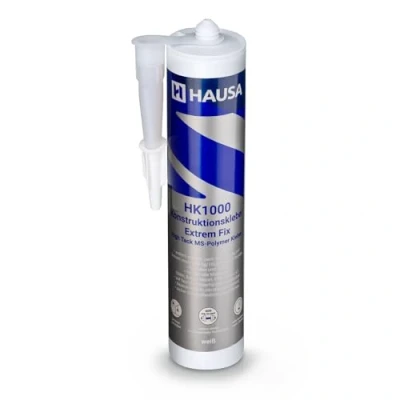 Immagine di HAUSA High Tack colla di montaggio estremamente forte per metallo, pietra, legno, vetro, specchio, elastico, polimero MS HK1000, interni ed esterni, superficie asciutta bagnata, 290 ml, bianco