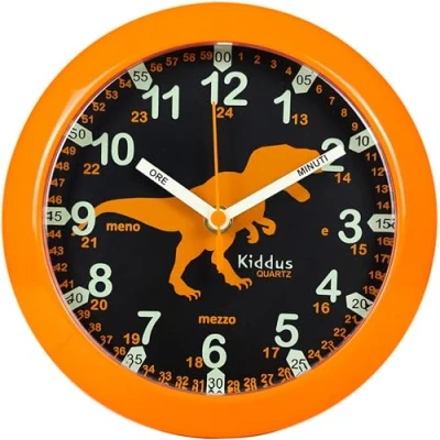 Immagine di Kiddus Orologio da Parete Didattico per Bambini, Ragazzi. Analogico. Con Esercizi Imparare a Leggere l’Ora. Movimento al Quarzo Silenzioso. ITALIANO DINO