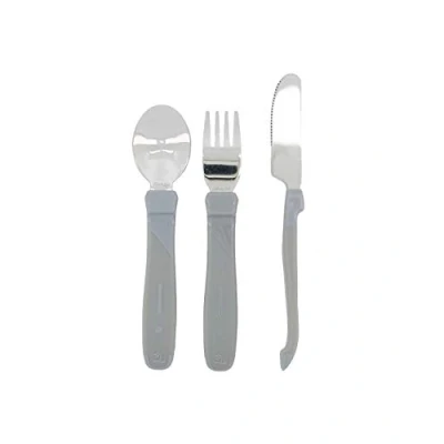 Immagine di Twistshake Set di Posate per l&#039;Apprendimento del Bambino in Acciaio Inox con Forchetta, Coltello e Cucchiaio, Senza BPA, 12+ Mesi, Grigio Pastello