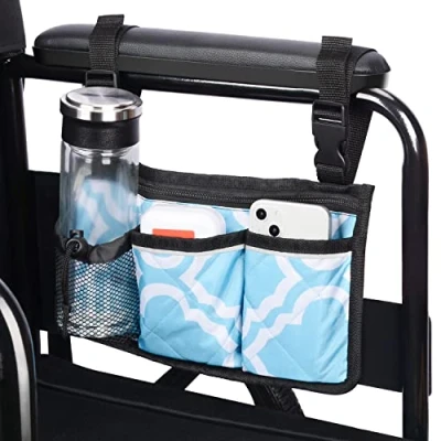 Immagine di supregear Borsa Sedia a Rotelle Laterale per Bracciolo, 6 Tasche Organizer Walker con Strisce Riflettenti e Portabottiglie Qualsiasi Rotelle, Scooter la Mobilità, Deambulatore