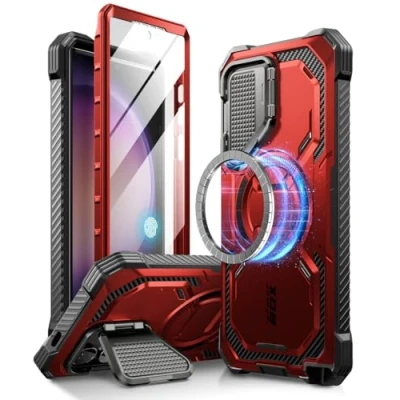 Immagine di i Blason Armorbox Custodia MagSafe per Samsung Galaxy S24 Ultra, con supporto fotocamera, caricabatterie wireless, 360 gradi, pellicola protettiva e cavalletto, colore: Rosso