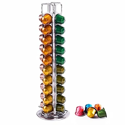 Immagine di Wdmiya Nespresso, porta capsule (40 pezzi), girevole, Organizer per conservare di caffè miglior regalo compleanno (capsule non incluse), argento cromato durevole