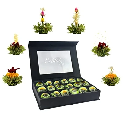 Immagine di Set regalo di fiori Tè verde in una nobile scatola magnetica con finestra e goffratura argento 18 x